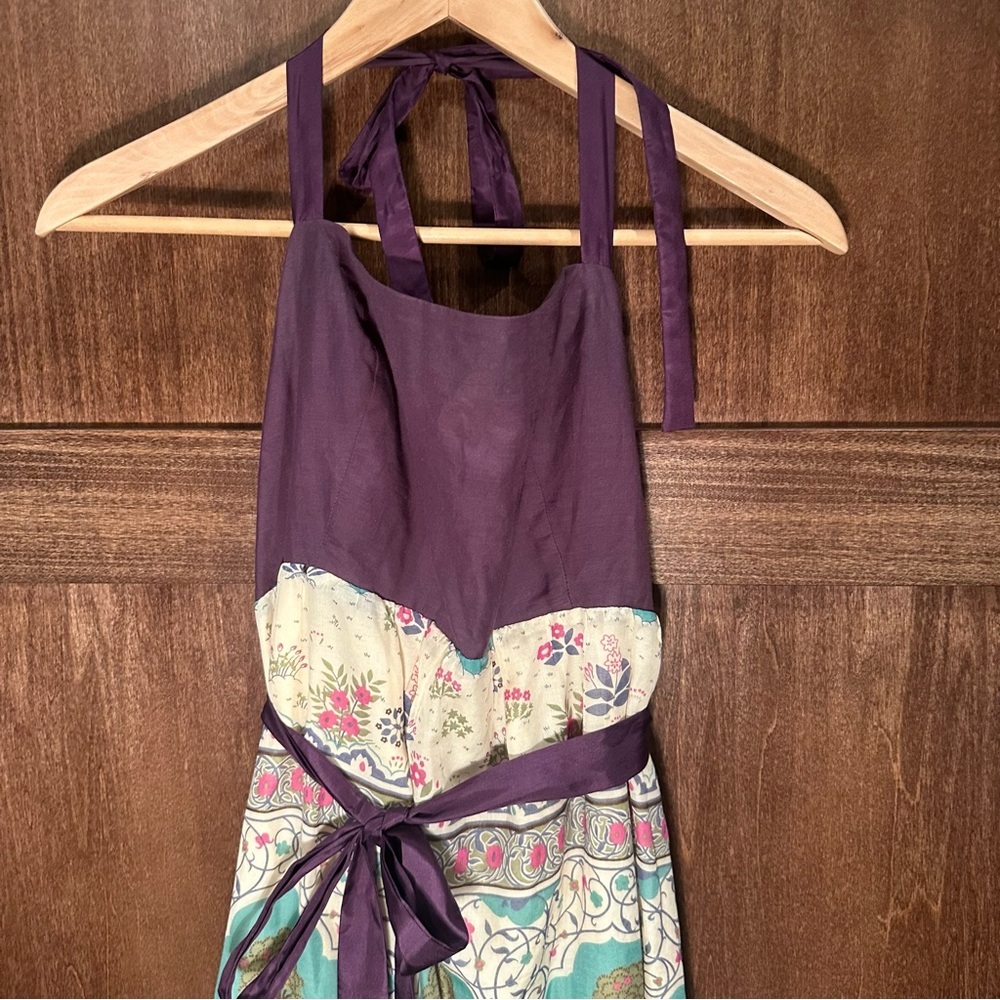 Anthropologie Maeve Purple and Cream Halter Midi Dress - Picture 2 of 8